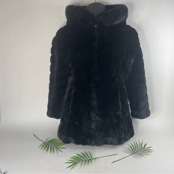 Liz Claiborne Womens Black Hooded Faux Fur Full Zip Jacket Coat Size Small Lined - Picture 4 of 13